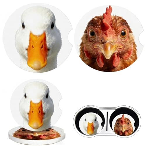 Duck & Rooster Car Coasters 2 Pack - Absorbent Ceramic Cup Coasters with Finger Notch & Anti-Slip Cork Base, 2.6" Auto Cup Holder Coasters for Car Interior Accessories (Women/Men) — image 1