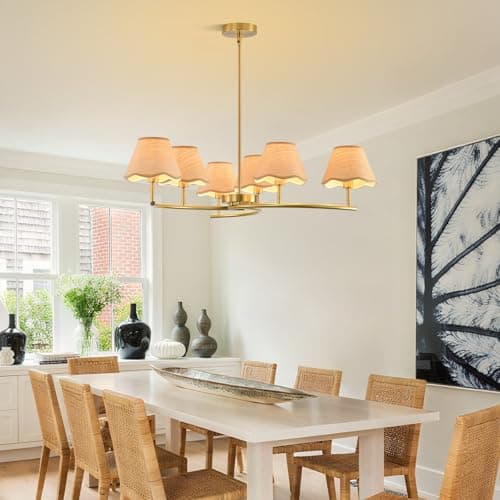 Pandaluna 31.5in Large Round Chandelier, Wagon Wheel Chandelier Boho Rustic Farmhouse Pendant Light Fixture, for Dining Room Living Room Kitchen Island Bedroom, Light Beige & Gold 1 Pack view 5