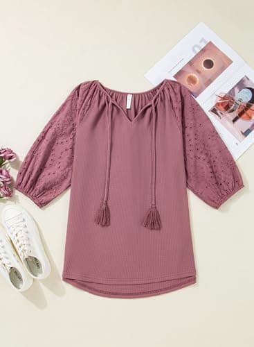 Dokotoo Women Blouses Dressy Casual Embroidered 3/4 Length Sleeve Womens Tops Tassel Tie V Neck Waffle Knit Shirts view 6