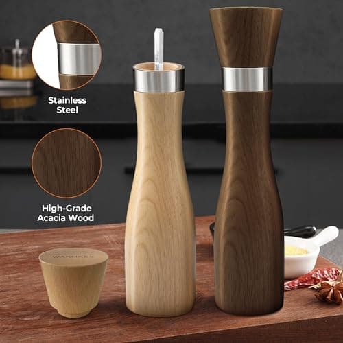 Wooden Salt and Pepper Grinder Set:Premium Beech Wood Manual Mills,9" 5PC with Tray & Spoons,Adjustable Ceramic Core,Refillable,Non-Slip Base-Kitchen Counter Decor view 5