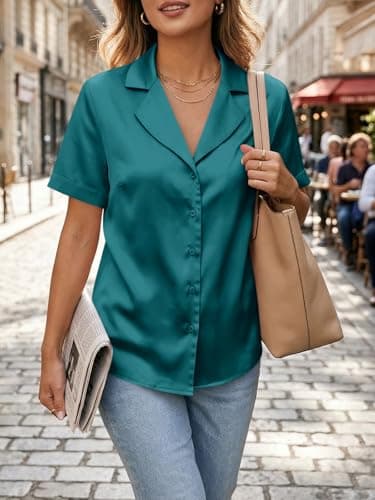 Cicy Bell Womens Summer Satin Button Down Shirts Silk Short Sleeve V Neck Casual Dressy Tops Loose Fit Collared Work Blouse view 4