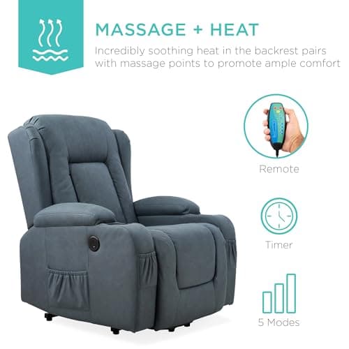Best Choice Products PU Leather Electric Power Lift Chair, Recliner Massage Chair, Adjustable Furniture for Back, Legs w/ 3 Positions, USB Port, Heat, Cupholders, Easy-to-Reach Side Button - Blue view 5