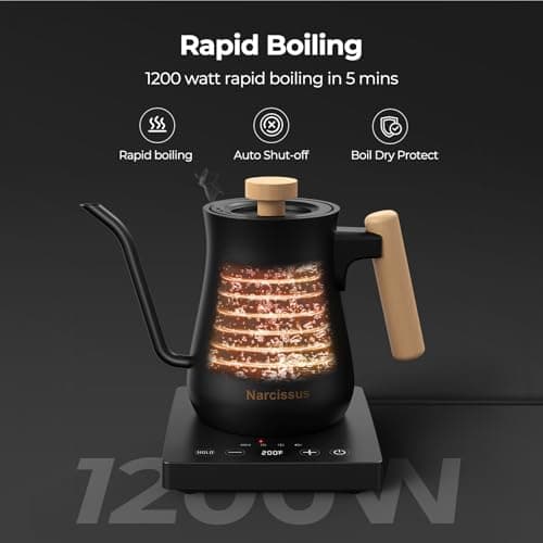 Narcissus P901 Gooseneck Electric Kettle with ±1℉ Temperature Control Function, 1200 Watt Rapid Boiling in 5 Mins, Max 6 Hours Keeping Warm, 304 Stainless Steel Interior, BPA Free, Black view 3