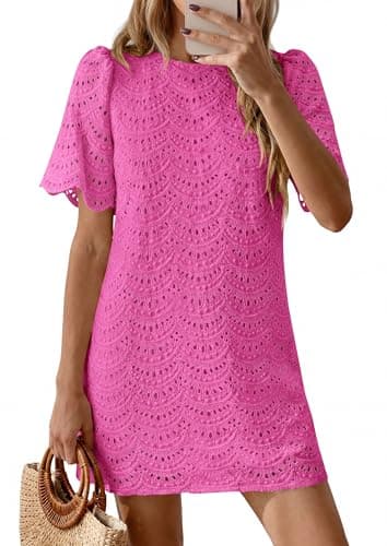 PRETTYGARDEN Women's 2026 Summer Casual Short Dresses Embroidered Lace Short Sleeve Boho Mini Dress Beach Vacation Clothes view 2