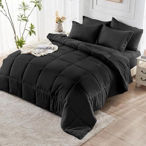 JOLLYVOGUE California King Comforter Set, Ultra-Soft Bed in a Bag Cal King Size 7 Pieces, Oeko-TEX Certified Bedding Set with Down Alternative Comforter, Sheets, Pillowcases & Shams, Black view 2