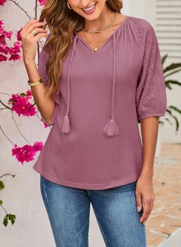 Dokotoo Women Blouses Dressy Casual Embroidered 3/4 Length Sleeve Womens Tops Tassel Tie V Neck Waffle Knit Shirts view 4
