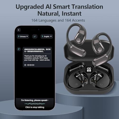 AI Translation Earbuds Real Time, 3-in-1 Translator Earbuds 164 Languages & Accents, Audifonos Traductores Inglés Español,Open Ear Wireless Headphones with Charging Case fit iOS & Android Black view 3
