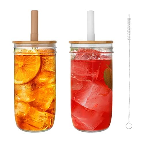 Luxgola Glass Tumbler with Lids and Straws 2 Pack, 24oz Glass Drinking Jars with Lids and Straws,Reusable Wide Mouth Mason Jar Iced Coffee Cup,Smoothie Cup Coffee Travel Mug for Car/Home — image 1