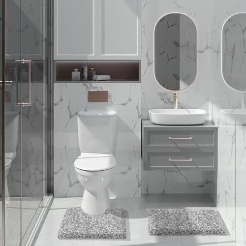 Yimobra Bathroom Rugs Non Slip Washable, Ultra Soft and Water Absorbent Bath Mats, Fluffy Shower Mat Outside, Plush Matts for Bathroom Floor/Sink, 24x17, Home Decor Accessories, Light Gray and White view 5