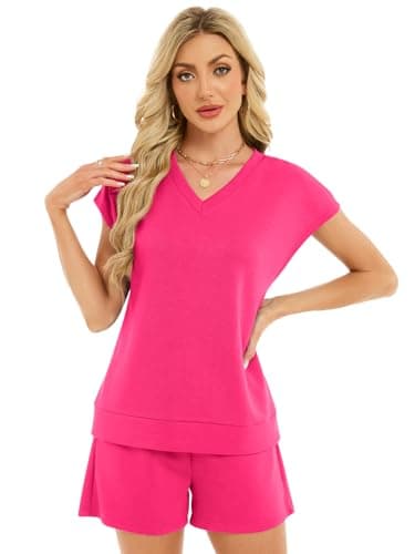 YOKGO Two Piece Sets for Women Summer V Neck Short Set Vacation Lounge Cap Sleeve Drawstring Sweatsuit with Pocket view 2