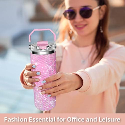 30oz Bling Rhinestone Studded Tumbler with Top Handle, Bling Cups Stainless Steel Water Bottle Diamond Glitter Tumbler for Women - Birthday Gifts for Women, Mom,Get Well Soon Gifts (Pink) view 2