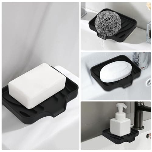 2 Pack Silicone Soap Dish with Drain, Bar Soap Holder for Shower,Bathroom and Kitchen Sink Organizer,Self Draining Waterfall Soap Tray (Black) view 4