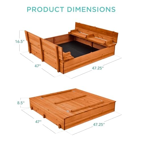 Best Choice Products Large Outdoor Wooden Sand Box for Kids, Sandbox with Cover, Bench Seats Support up to 220 lbs, Bottom Liner for Drainage, Cedar Wood - Brown view 2