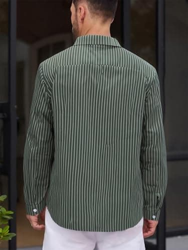 BAYAMO Men's Banded Collar Stripe Shirt, Linen Cotton Mandarin Collar Long Sleeve Button Down Shirts Collarless Tops view 2
