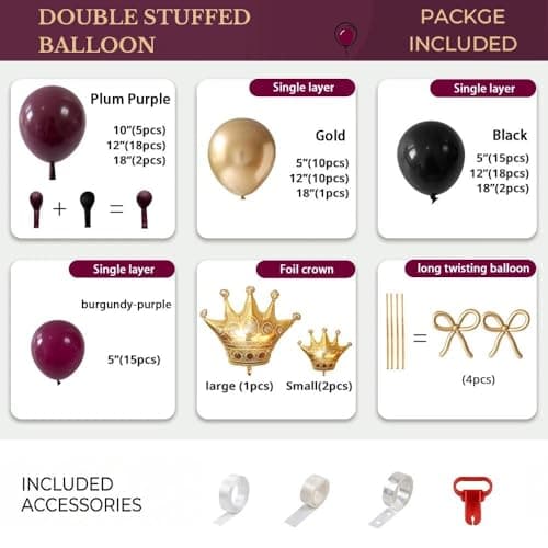 Dark Purple Black Gold Balloon Garland Arch Kit - Double Stuffed Plum Burgundy Balloon with Foil Crown & Gold Long Balloons for Graduation, Mother's Day, Prom, Birthday, Wedding, Queen Party view 4
