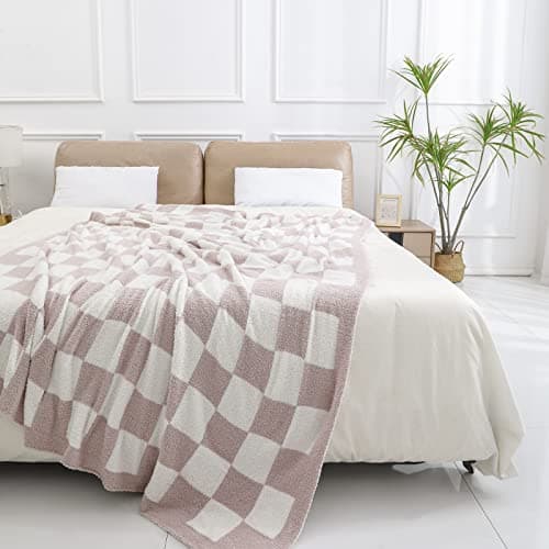 bearberry Fuzzy Checkerboard Grid Throw Blanket Knitted Soft Cozy Warm Microfiber Bed Blanket Decor for Couch Sofa Bed Travel Home (Cream, 60''x80'') view 2