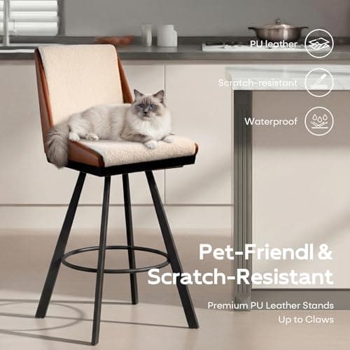 Ollega Bar Stools Set of 4, 26" Counter Height Bar Stools, Upholstered Swivel Barstools with Backs, Loop Yarn Fabric&Pu Leather, Metal Legs for Kitchen Island, Beige&Brown view 3