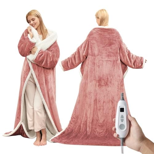 GarveeHome Wearable Heated Blanket with Foot Pocket & Sleeves, Electric Snuggle Throw Blankets, Flannel & Sherpa, 6 Heat Settings & 2–10 H Auto Shut-Off, 50"×70"+18", Pink — image 1