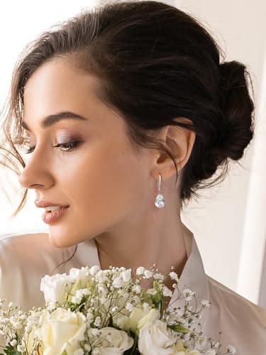 SWEETV Teardrop Wedding Bridal Earrings for Brides Birdesmaids, Silver Sparkly Cubic Zirconia Drop Dangle Earrings for Women Prom Jewelry Gifts view 3