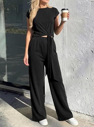 PRETTYGARDEN 2 Piece Lounge Sets For Women 2026 Summer Casual Outfits Cap Sleeve Belted Crop Tops Wide Palazzo Leg Pants view 5
