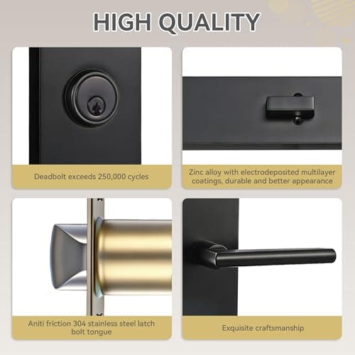 Silmium Heavy Duty Front Door Lock Set, Modern Exterior Door Handle, Non-Handed Entry Door Locksets with Deadbolt, Keyed Alike, Single Cylinder, 250,000+ Cycles, 5-1/2" (140mm) CTC, Matte Black view 4