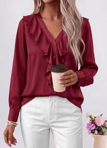 dowerme Womens Long Sleeve Tops Satin Ruffle Button Shirts view 2
