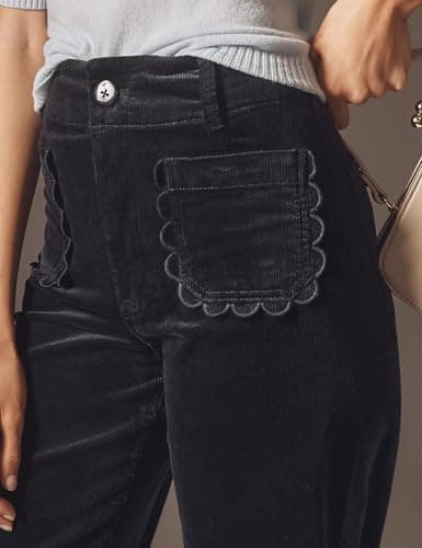 ACCPUR Women Corduroy Wide Leg Pants 2025 Fall Fashion Casual Button Down High Elastic Waist Trousers with Scalloped Pockets view 2