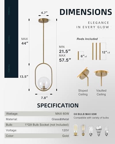 puncoll Gold Pendant Light Fixtures - 1-Light Pendant Light Fixture for Kitchen Island with Clear Glass - Modern Hanging Lights for Dining Room H9376-CLBG view 6