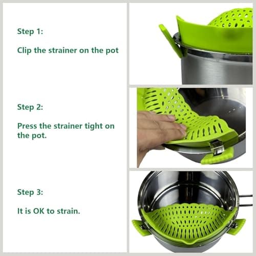 Clip On Strainer Silicone for All Pots and Pans, Pasta Strainer Clip on Food Strainer for Meat Vegetables Fruit Silicone Kitchen Colander (Green) view 7