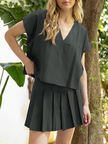 Wenrine Womens 2 Piece Skirt Sets Summer Casual V Neck Crop Tops Pleated Mini Skort Skirts Vacation Outfits Matching Sets view 3