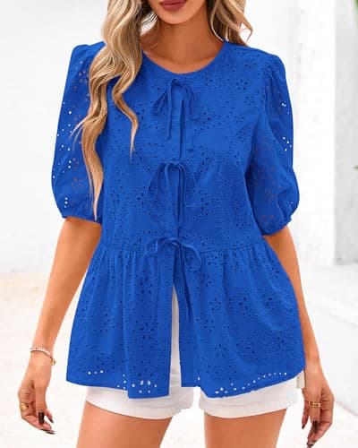 KIRUNDO Peplum Tops for Women 2026 Summer Eyelet Tie Front Blouses Casual Short Lantern Sleeve Cute Y2K Lace Babydoll Shirts view 3