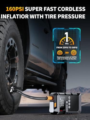 Jump Starter with Air Compressor, Battery Jumper Starter Portable,12V Jump Box with 160PSI Tire Inflator for Car Battery, LED Display for All Gas & 12L Diesel Engines, LED Light, Jumper Cables view 4