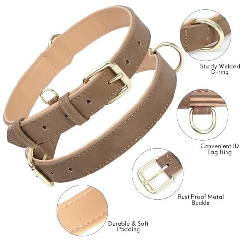 Jumpress Leather Dog Collar for Small Dogs, Soft Padded Dog Leather Collar with Heavy Duty Gold Buckle, Durable & Comfortable, Brown, S view 2
