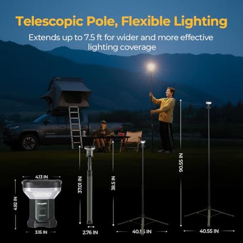 BougeRV Telescoping Camping Light, 3200 Lumen Outdoor Lantern, 8000mAh LED Lantern, 7.55 ft Tall, 90-Hour Runtime, Rechargeable Tent Lamp for Camping, Emergency, Hiking, Outdoor, Fast Charging Version view 3