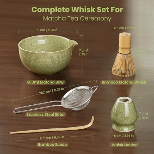 Matcha Whisk Set, Ceramic Bowl Matcha Kit & Handcrafted Bamboo Chasen, Complete 5 Pcs Matcha Set Whisk and Bowl, Stainless Steel Sifter, Bamboo Scoop & Holder for Matcha Lovers view 3