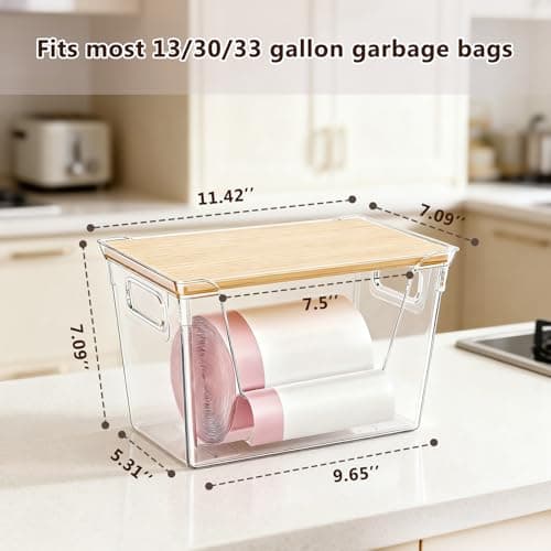 ShinyDew 2 Pack Trash Bag Dispenser with Bamboo Lid, Stackable Trash Bag Holder, Large Clear Garbage Bag Organizer for 4-33 Gal Bags, Space-Saving Under Sink Organizer for Kitchen, Laundry, Pantry view 3
