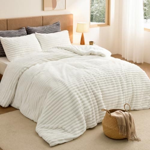 Bedsure Fluffy Comforter Set Queen Size, Cream White, 3 Piece — image 1