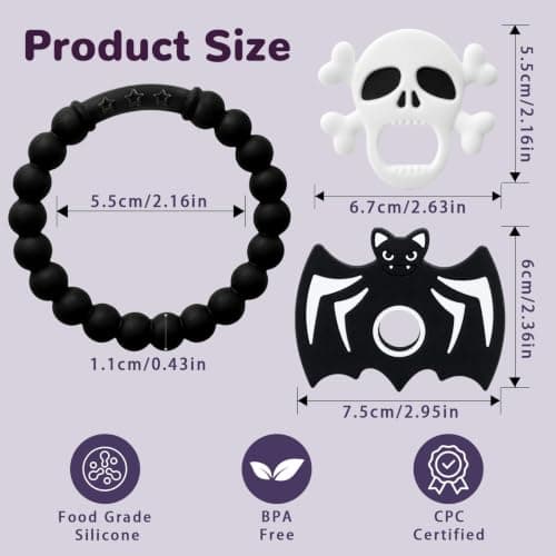 Halloween Baby Teething Toys, Boo Basket Stuffers for Toddlers & Newborns | Bat & Skull Goth Teether for Infants; Textured Sensory Teething Ring, Silicone Chew Toys, Gift for Baby's First Halloween view 3