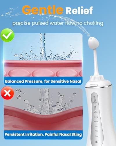 GOLDANT 350ML Neti Pot Sinus Rinse Kit, Nasal Irrigation System with 5 Modes, 4 Nozzles, Cordless Rechargeable, IPX7 Waterproof, Nose Cleaner for Sinus Relief (350ML No Salt) view 6