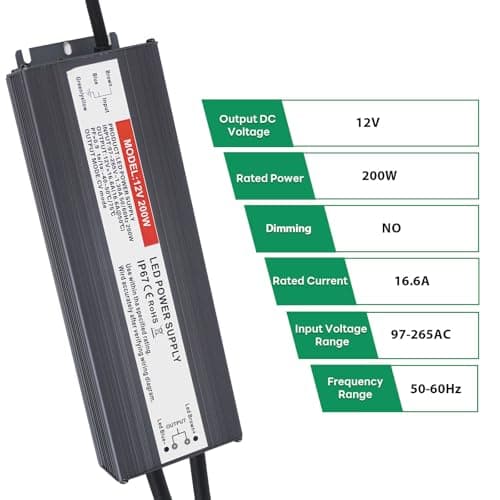Hanbaak LED Driver 200 Watts, IP67 Waterproof Power Supply, Low Voltage Electronic Transformer, 97V-265V AC to 12V DC, 12V Constant Voltage LED Power Supply for LED Light Strip view 5