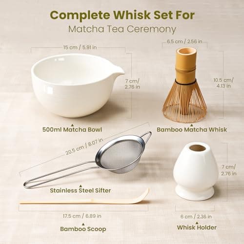 Matcha Whisk Set, Ceramic Bowl Matcha Kit & Handcrafted Bamboo Chasen, Complete 5 Pcs Matcha Set Whisk and Bowl, Stainless Steel Sifter, Bamboo Scoop & Holder for Matcha Lovers view 3