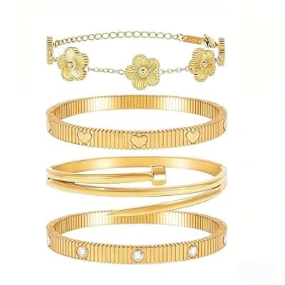 Womens Stackable Floral Gold Bracelets - 4Pcs 18K Gold Plated Bracelet,Stainless Steel Bangle Bracelets Non Tarnish,Gold Bracelet Set Fashion Jewelry,Valentines Birthday Christmas Jewelry Gifts