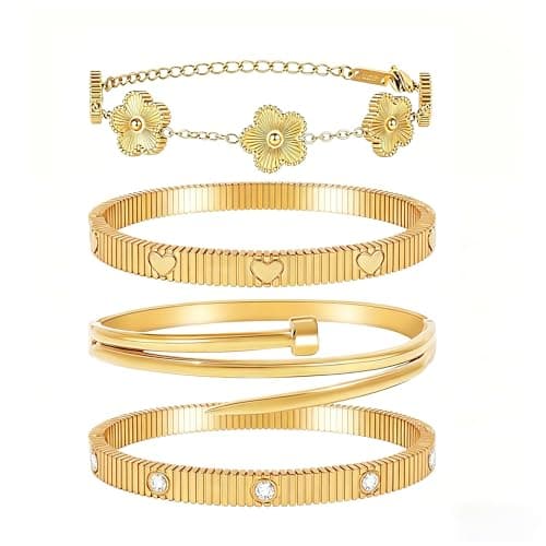 Womens Stackable Floral Gold Bracelets - 4Pcs 18K Gold Plated Bracelet,Stainless Steel Bangle Bracelets Non Tarnish,Gold Bracelet Set Fashion Jewelry,Valentines Birthday Christmas Jewelry Gifts — image 1