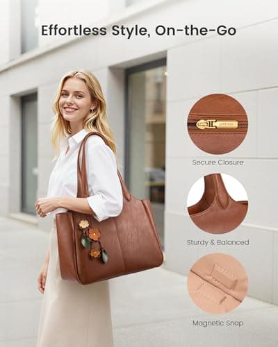 LOVEVOOK Tote Bag for Women, Leather Vintage Work Bag with 40oz Cup Holder,Nurse Teacher Shoulder Bag,Roomy,6 Pockets | Leak-resistant view 5