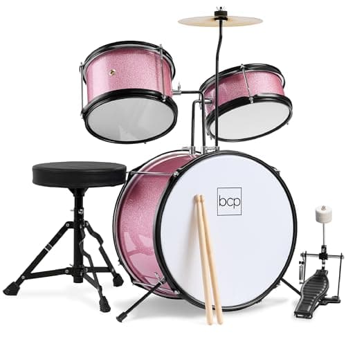 Best Choice Products 3-Piece Beginner Drum Set for Kids Juniors, w/Throne Stool, Cymbal, Drum Sticks, Bass Drum Pedal, 2 Toms - Pink Sparkle