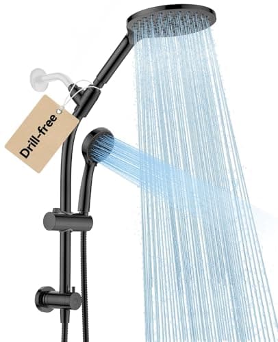 MakeFit Drill-free Dual Shower Head with Handheld Combo Rainfall Shower Head Easy Reach 3-way Diverter Stainless Steel Slide Bar with Height Adjustable Holder Adjustable Rain Showerhead (Black) — image 1
