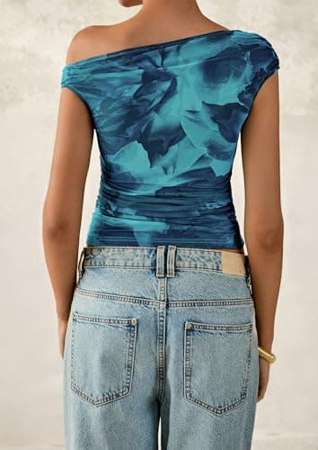 PRETTYGARDEN Women's Off Shoulder Tops 2026 Summer Going Out Crop Tank Tops Asymmetrical Floral Mesh Tight Y2K Shirts Clothes view 2