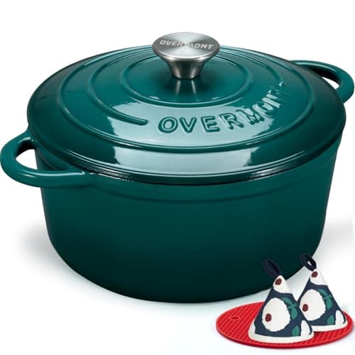 Overmont Enameled Cast Iron Dutch Oven - 7QT Pot with Lid Cookbook & Cotton Potholders - Heavy-Duty Cookware for Braising, Stews, Roasting, Sourdough Baking bottle green view 1