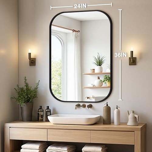 24" x 36" Bathroom Vanity Mirror for Wall, Black | Metal Framed, HD Tempered Glass, Rounded Rectangle Shape, for Over Sink, Bedroom, Entryway, Living Room, Vertical/Horizontal view 2