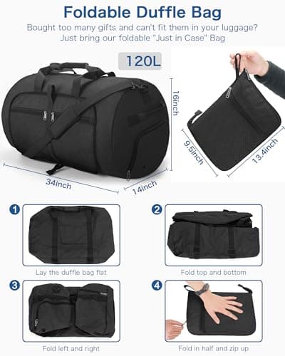 120L Foldable Waterproof Travel Duffel Bag for Men and Women with Shoe Compartment (Black, 120L) view 2